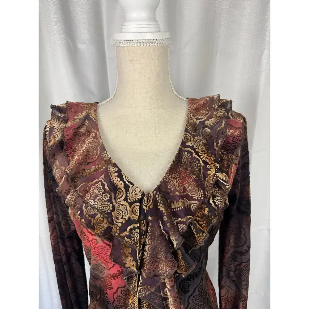 DressBarn Burnout Velvet Mesh Ruffle Top Sheer Floral Metallic Bell Sleeve - Picture 2 of 7